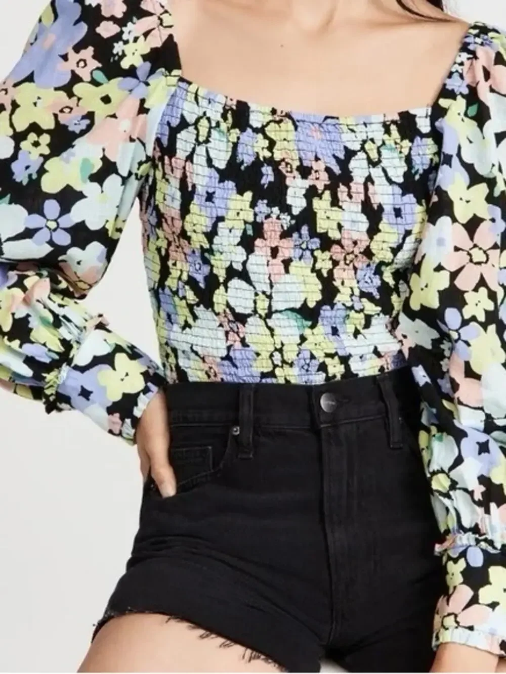 Free People Ariana Floral Puff Sleeve Blouse Size S